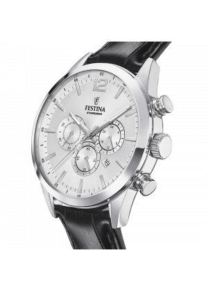 FESTINA - F20542/1 férfi óra ezüst számlappal fekete bőrszíjjal