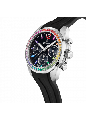 FESTINA - F20610/3 női óra fekete (rainbow) számlappal, cirkónia kövekkel fekete szilikon (gumi) szíjjal