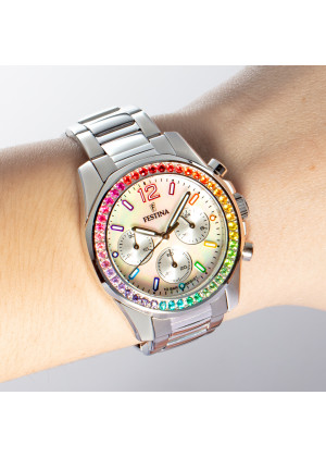 FESTINA - F20606/2 női óra gyöngyház (rainbow) számlappal, cirkónia kövekkel acél csattal